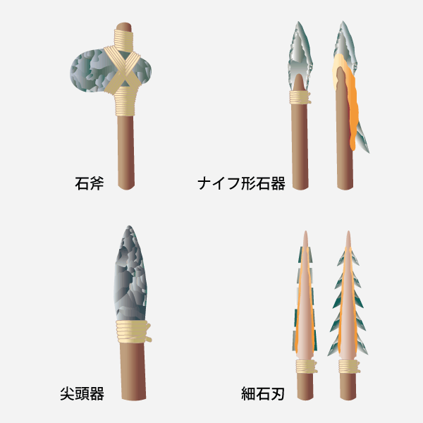 北海道の石器 尖頭器 石匙 石錐 ミニチュア石斧 計4点組 (