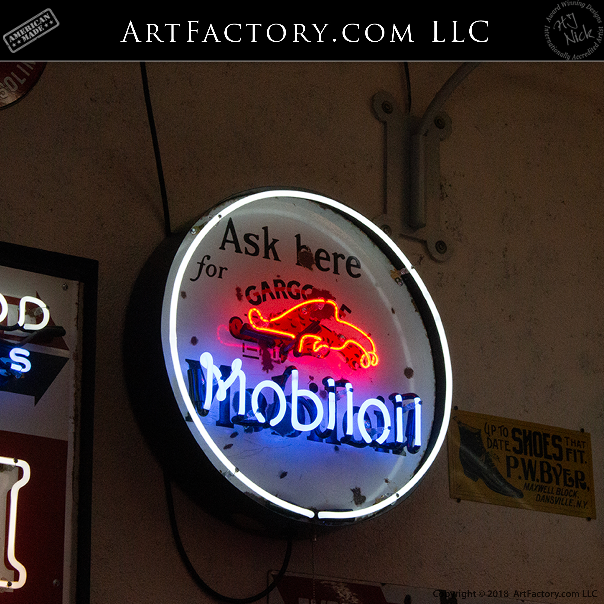 Gargoyle Mobiloil Neon Sign: Vintage 1930's, Original Porcelain Ad