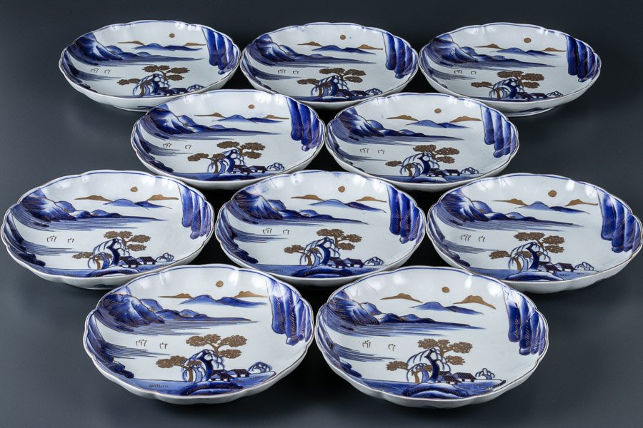 余韻】 古伊万里 山徳窯 染付山水文 大皿☆共木箱 径: