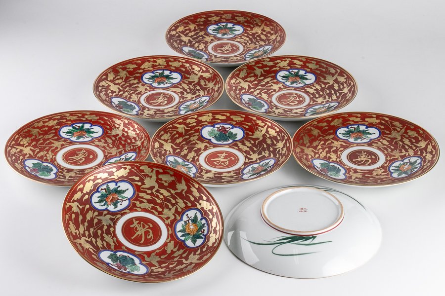 九谷焼】 九谷峰仙 赤絵金彩雲鶴柘榴文八寸皿 8客セット 16303