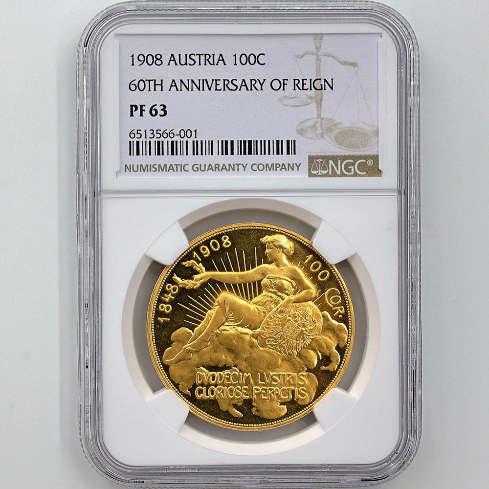 委託販売 1908 オーストリア 雲上の女神 100コロナ 金貨 NGC PF 63