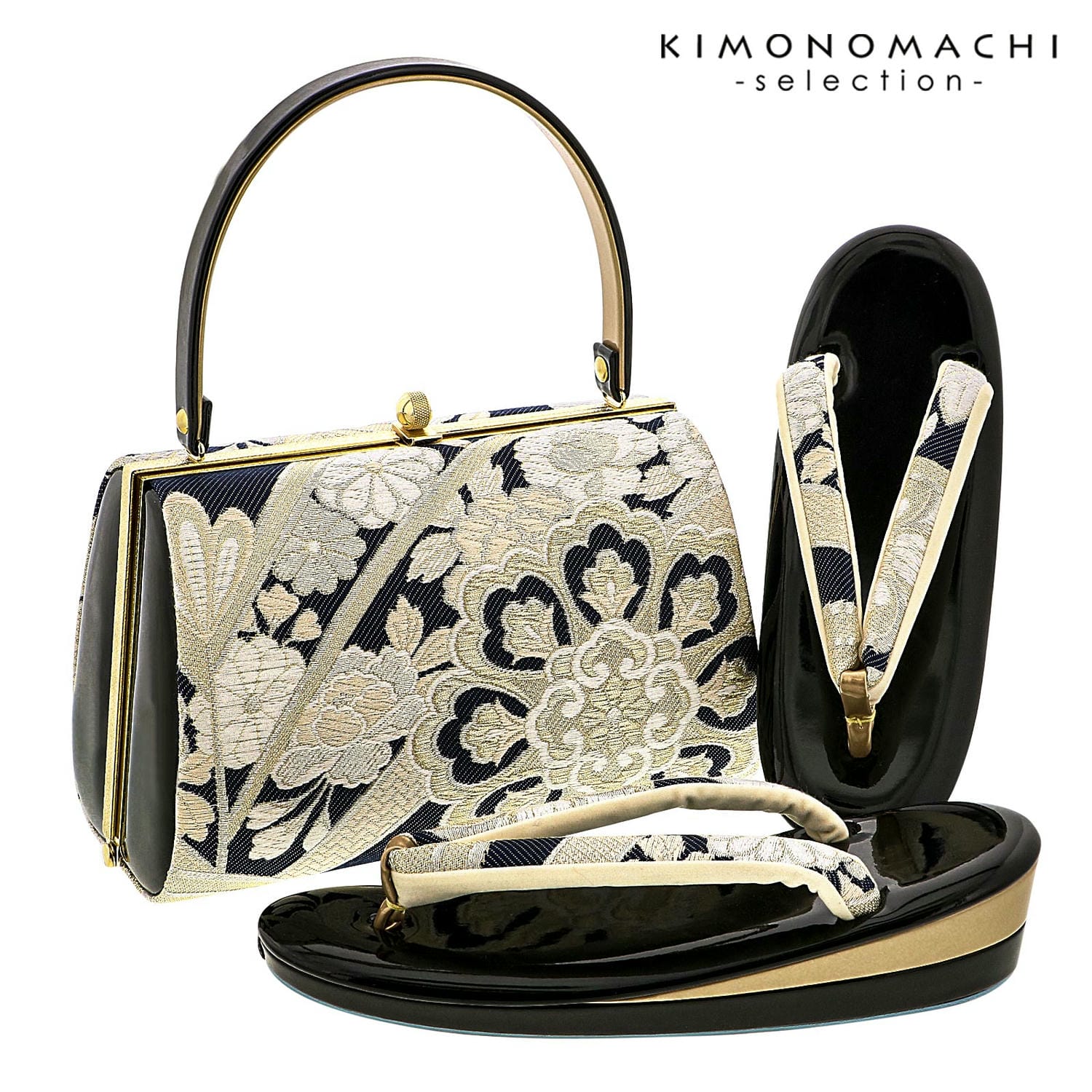 草履バッグセット「黒 紺地、華紋」Fサイズ 日本製 振袖草履バッグ