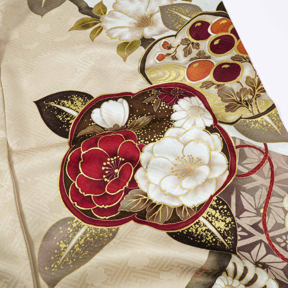 東京レトロ サンドベージュ 花丸文に桜（【振袖・袋帯・長襦袢のセット