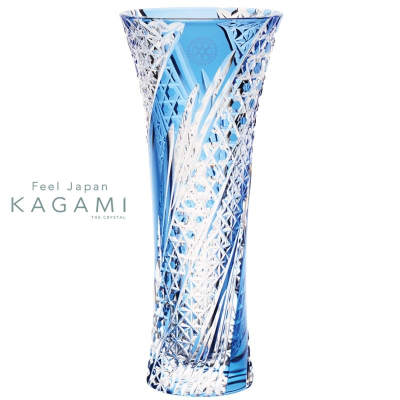 GW割 カガミクリスタル 切子 花瓶 中型 青 江戸切子 笹っ葉に八角籠目