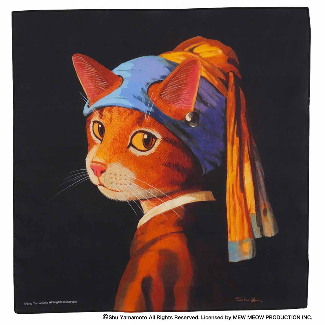 キャットアート プリントハンカチ 真珠のイヤリングをした少女猫