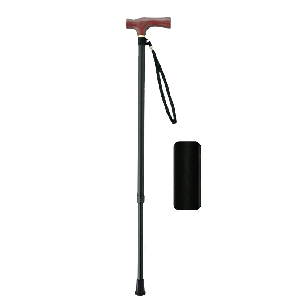 ささえ 2段伸縮ステッキ 雨にも負けず（天然木製グリップ／ブラック
