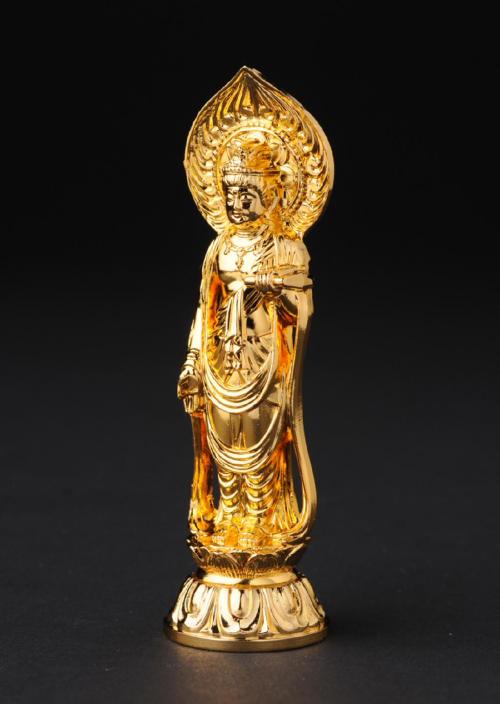 仏像】聖観音菩薩 - 巻物持ち 総高10cm 純金メッキ仕上げ 高岡銅器