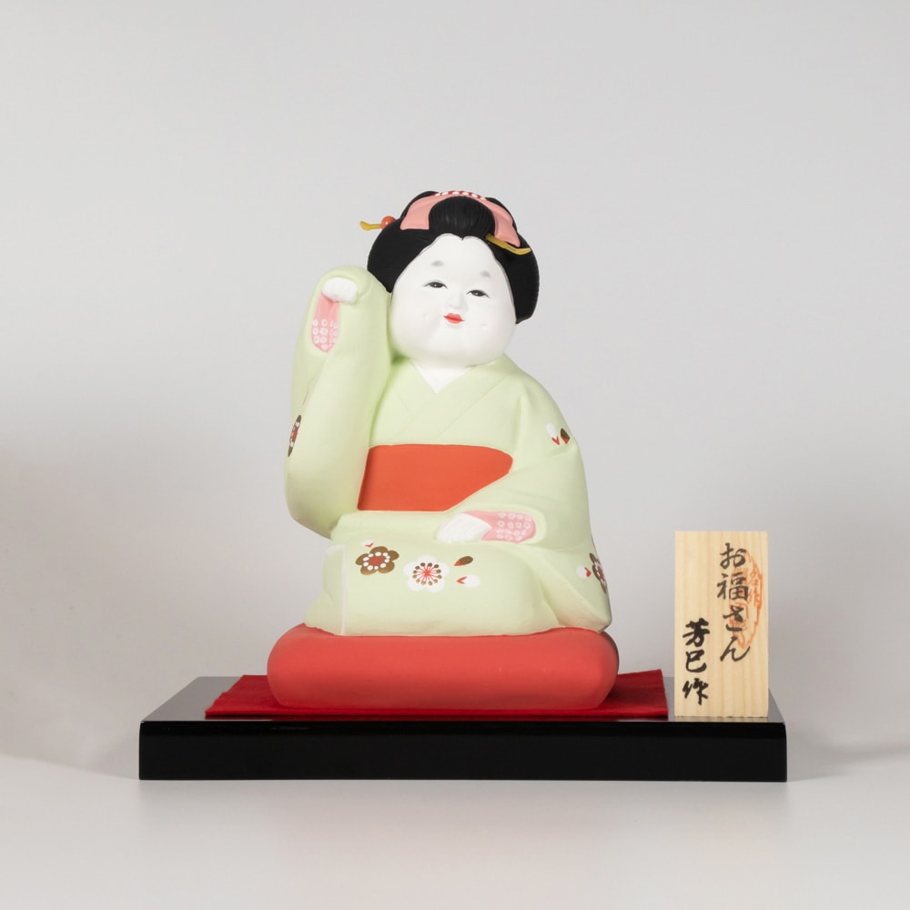 陶器製 春画人形「お福さん」高さ約27cm 時代 座布団付き 中古 お