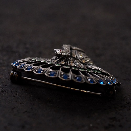 シルバー ペーストガラス ピーコックブローチ