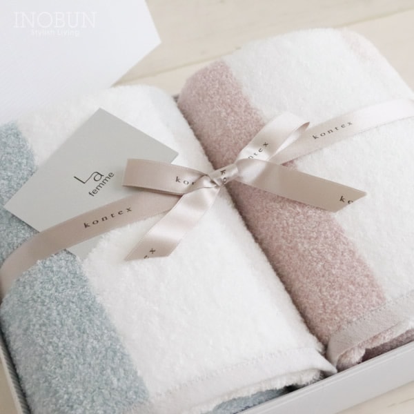 グレージュ バスタオル ギフトセットBOX入り ピンク/ブルー コン