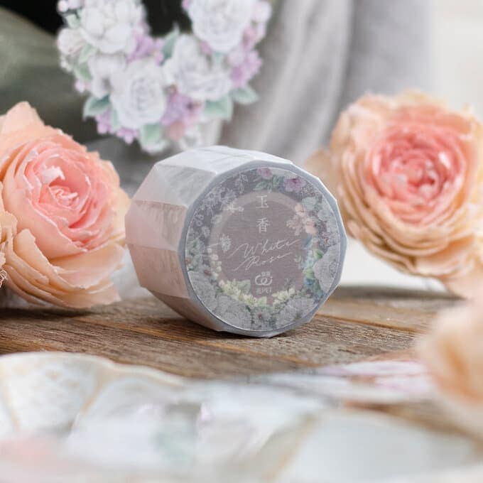 樂意Loidesign]白い薔薇 White Rose 白バラ柄 クリアPETテープ(剥離紙