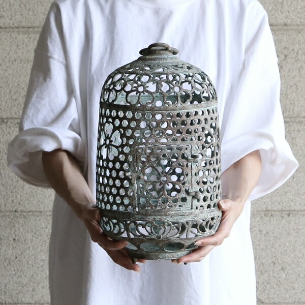 AN46 高岡銅器 名工 釣燈籠 釣灯籠 幾何文透かし 円筒型 青銅 共箱