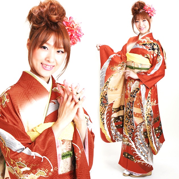 振袖 オレンジ 波模様 花柄 金 振袖 オレンジ 波模様 花柄 金 橙