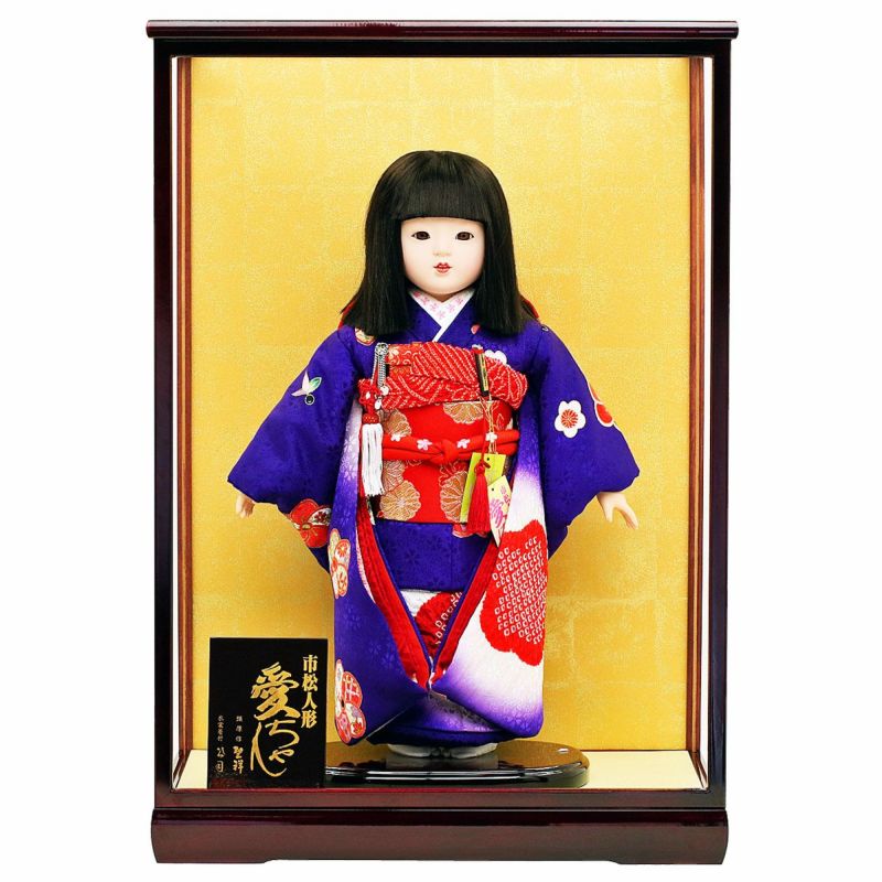 雛人形 公司 市松人形 13号 正絹仕立て 艶やかな紫地 花柄 ケース入り