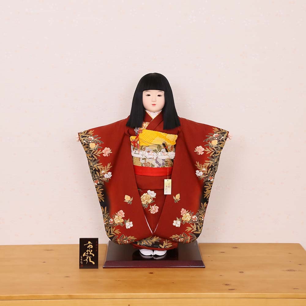 市松人形 齊藤公司作 20号 20-7-j 牡丹 桐胴 正絹友禅本仕立て 金彩