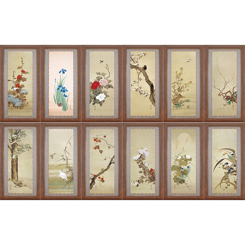 掛短冊 抱一 花鳥十二ヶ月 画帳 短冊 12枚 美品 桐箱 複製 elegant