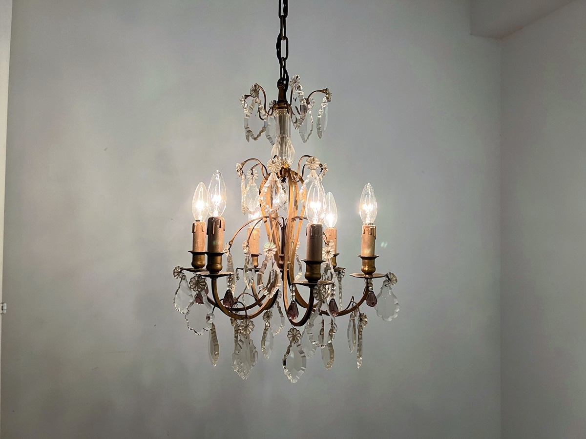 フランス アンティーク 6灯式クリスタルドロップシャンデリア 6014