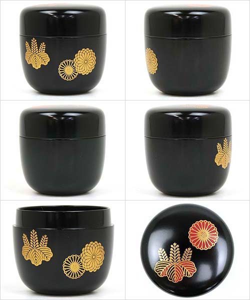 茶道具 棗 木乾 中棗 黒 真塗 菊桐