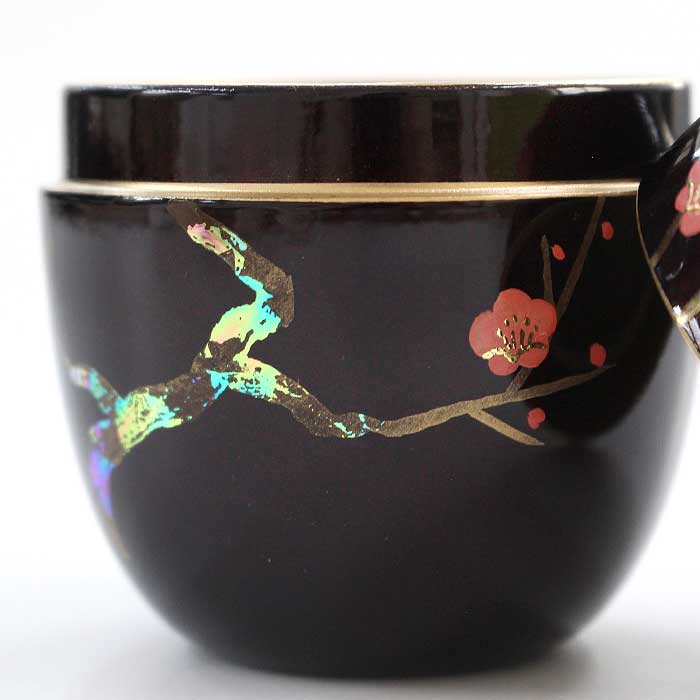 茶道具 棗 東雲 溜塗 中棗 梅に鶯蒔絵 ( 内梨子地 )