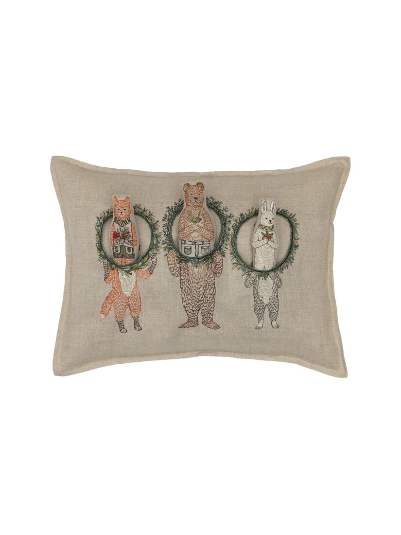 アンティークフランス ホームスパンリネン＆プチポワン子供冬遊び刺繍