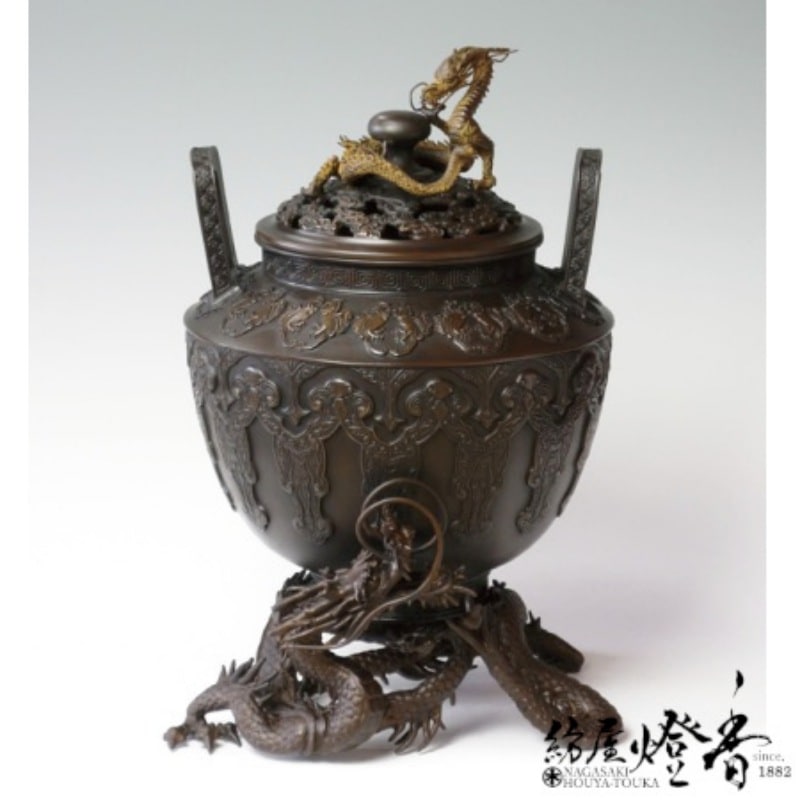 銅製 双竜獣足薫香炉 祥竜纏纏香炉 香道具 装飾品 工芸品 置物 銅製
