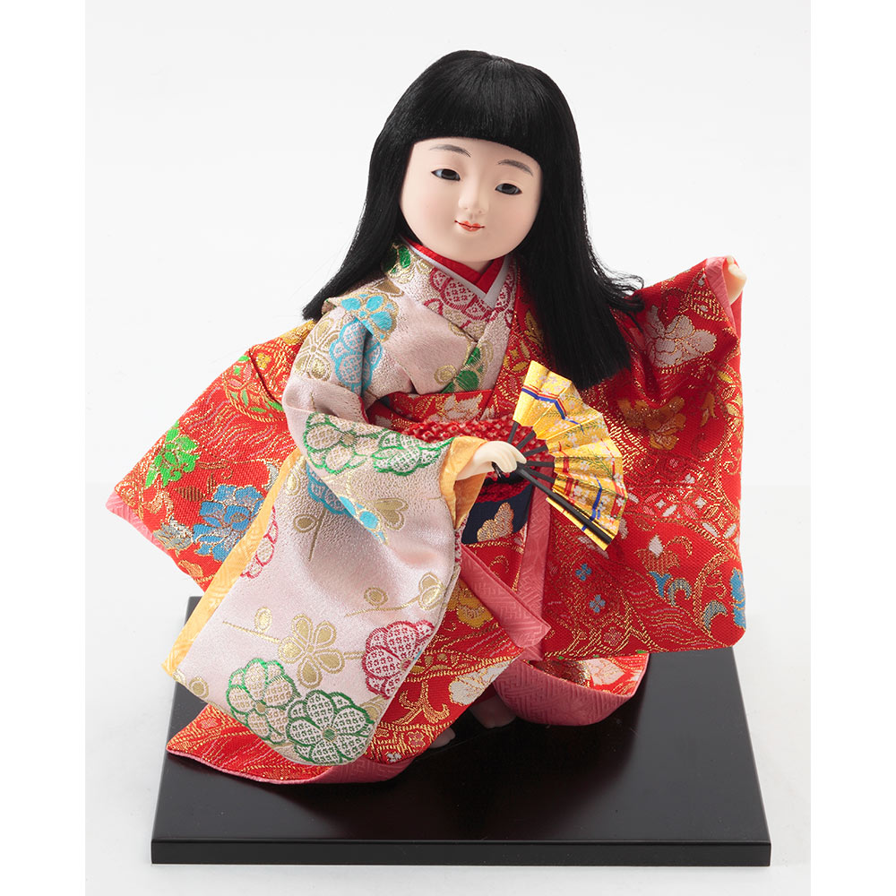 市松人形 日本人形 11号 人形の久月 赤 着物 花柄 豪華 ガラス