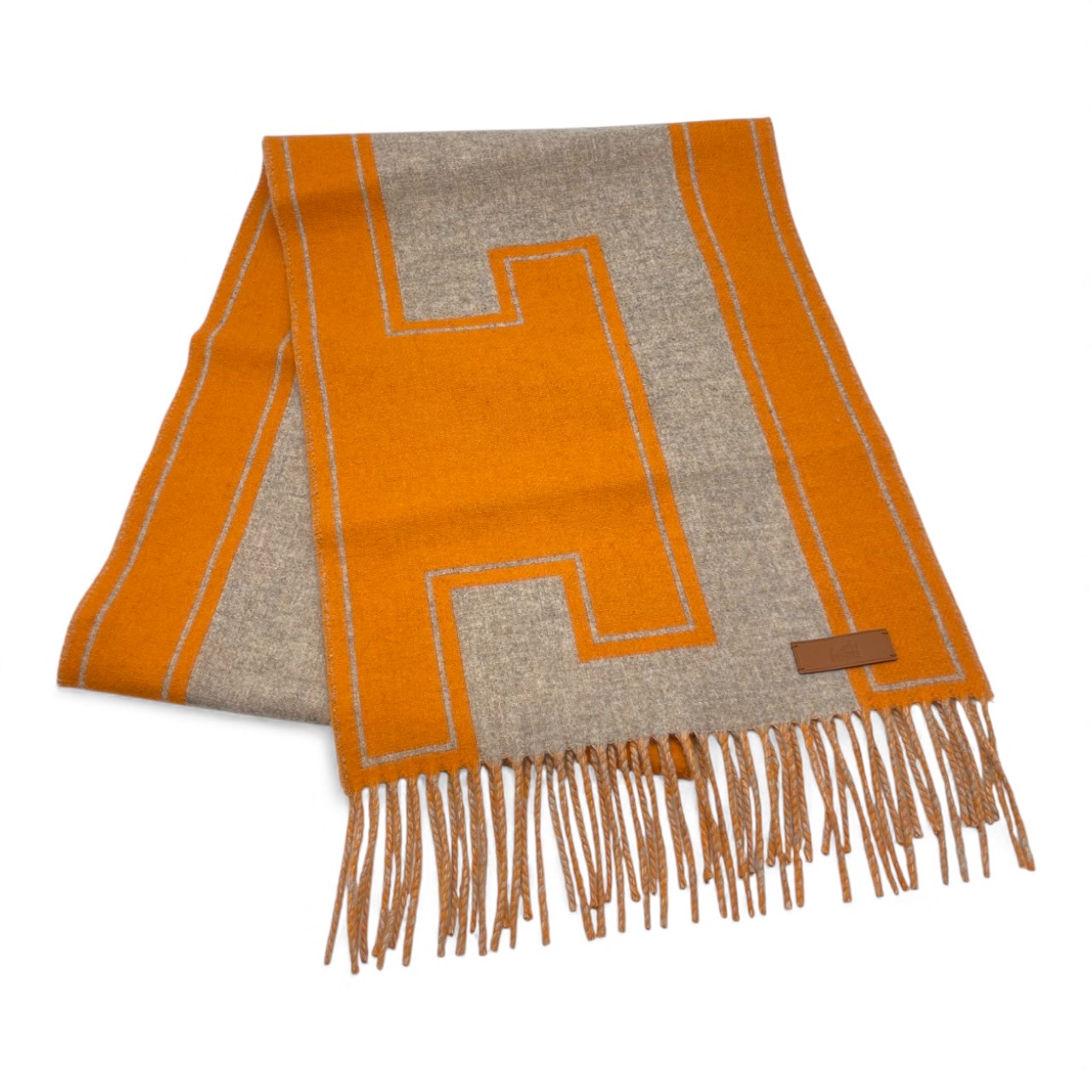 エルメス マフラー クレ・ドゥ・H 30×160 ベージュ・シネ / オレンジ