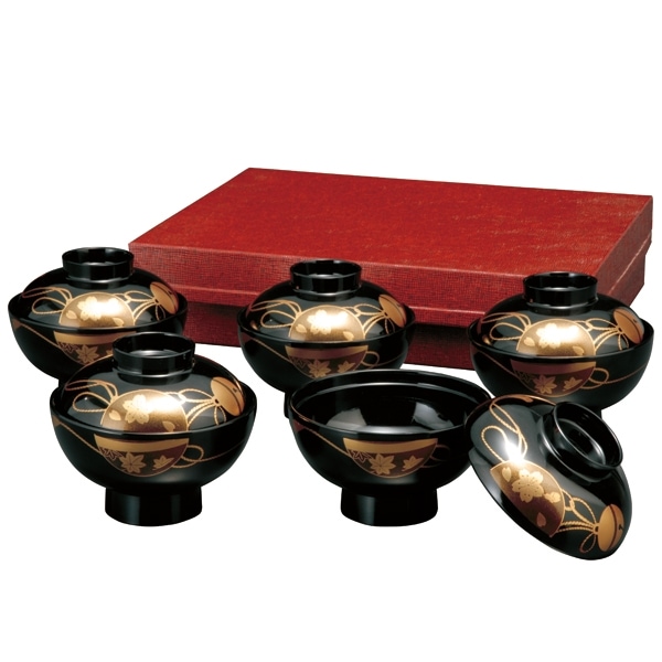 箱入】紀州塗り 4寸 5客セット 吸物椀 黒 松葉 お椀 汁椀 小夜 おわん