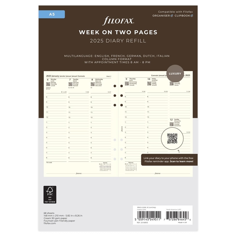 FILOFAX 2025年 システム手帳リフィル A5 見開き2週間（コットン