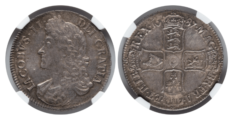 MS64】1687年 イギリス イングランド ジェームズ2世 クラウン銀貨