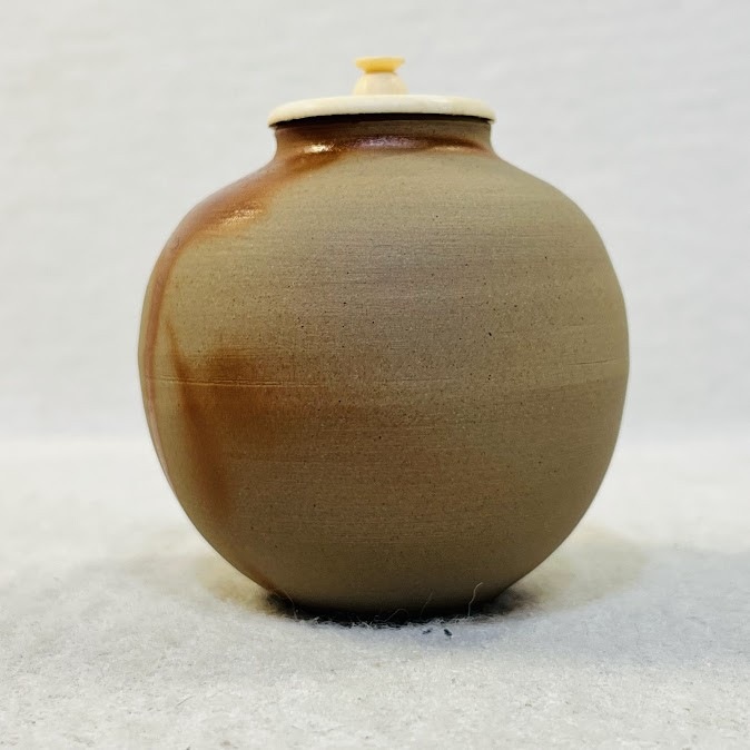 中古】茶道具 文琳茶入 備前焼 木村陶峰作 牙蓋・仕覆・共箱付属(在銘