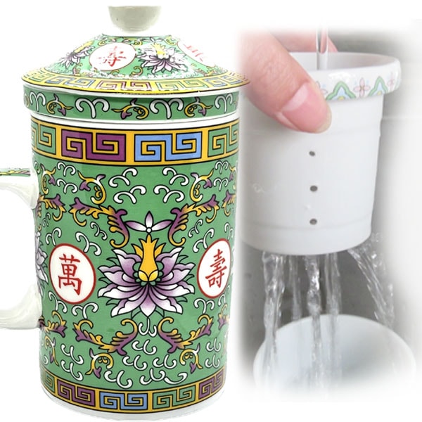 景徳鎮茶漉し付きマグカップ萬壽・緑｜食器,中国,茶器,テーブルウェア