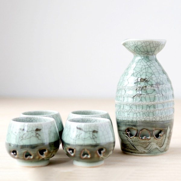 大堀相馬焼 松永窯 二重徳利(二合)・二重ぐい呑み4つ 酒器揃えセット