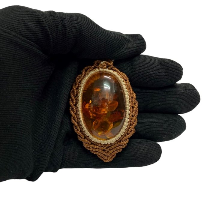 天然石 アンバー 琥珀 マクラメ編み 紐編み ネックレス（2450）｜創作