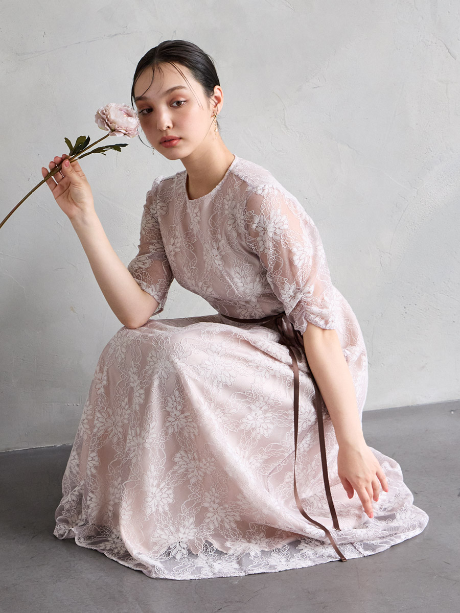 サテンリボンベルトラメレースドレス(S ピンクベージュ): AIMER | エメ