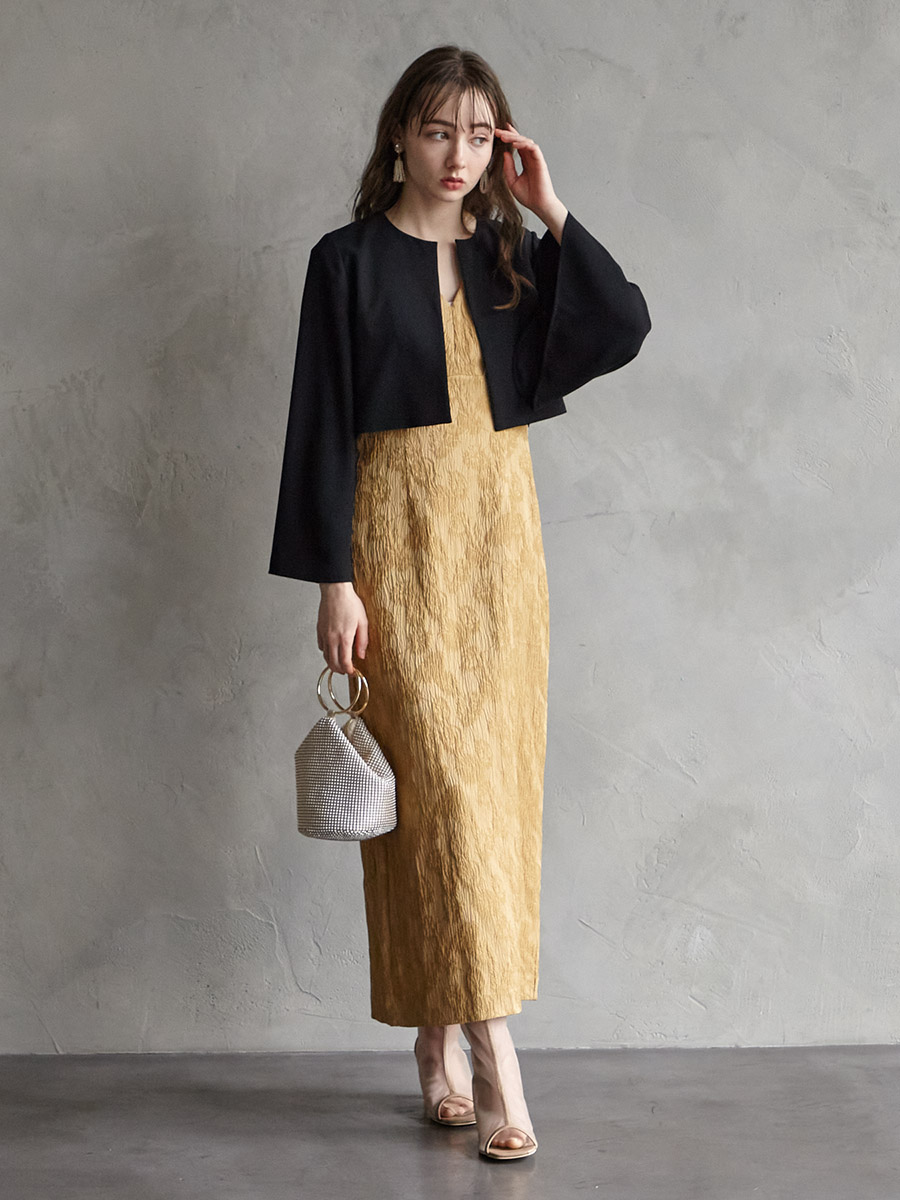 チュールブラウス付きジャカードIラインドレス(S イエローベージュ