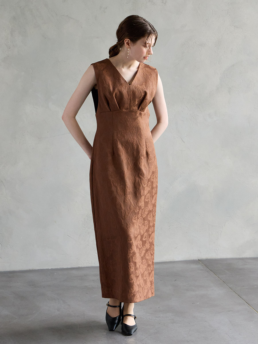 チュールブラウス付きジャカードIラインドレス(S イエローベージュ