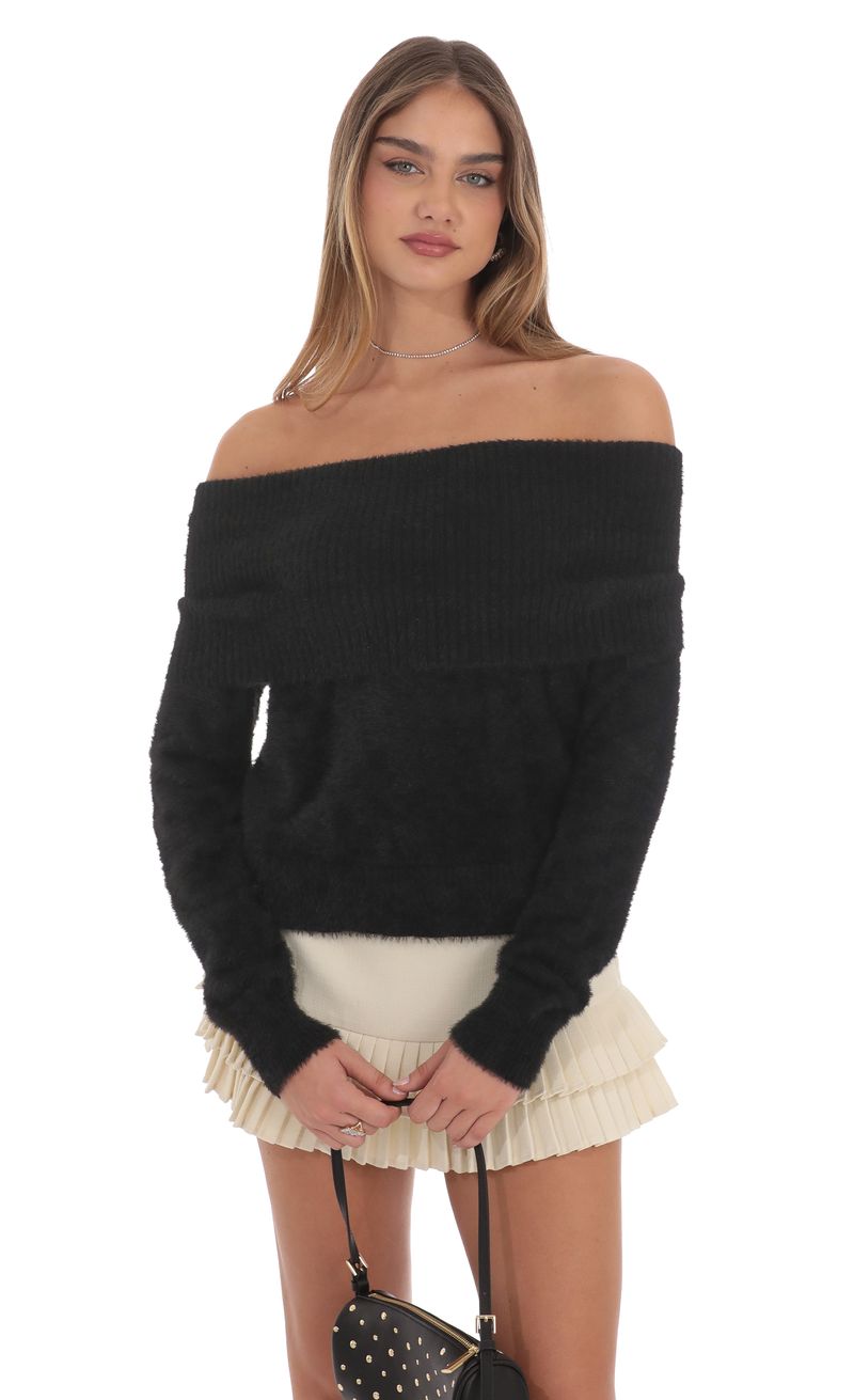 Fuzzy Off Shoulder Jumper in Black | LUCY IN THE SKY