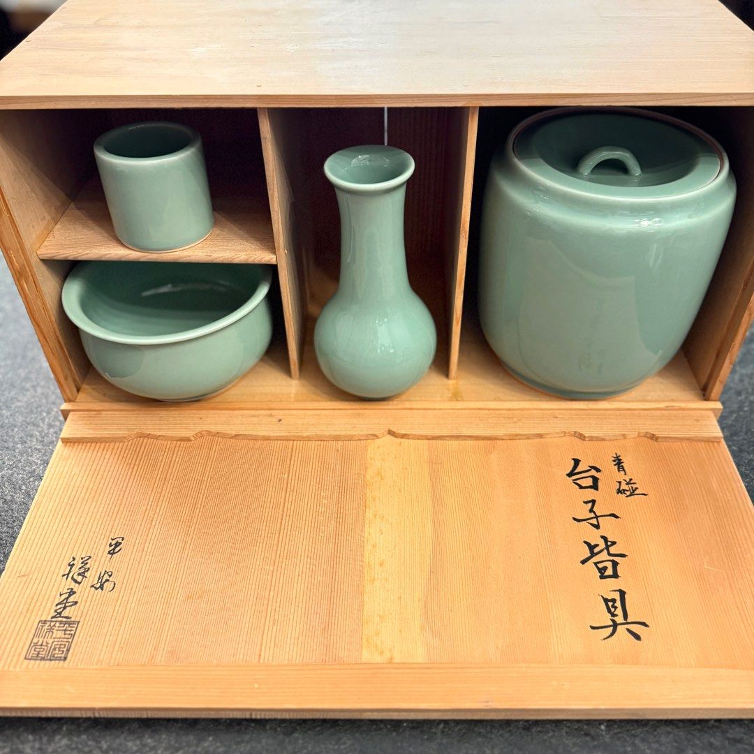 P718水指『廣州窯造』『七宝文』『青磁水指』共箱茶道具