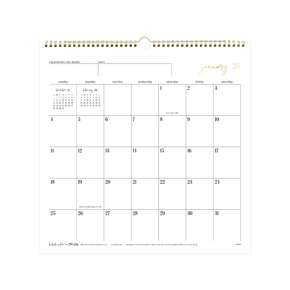 2026 Blue Sky Monthly Wall Calendar 15 x 12 Passages January To