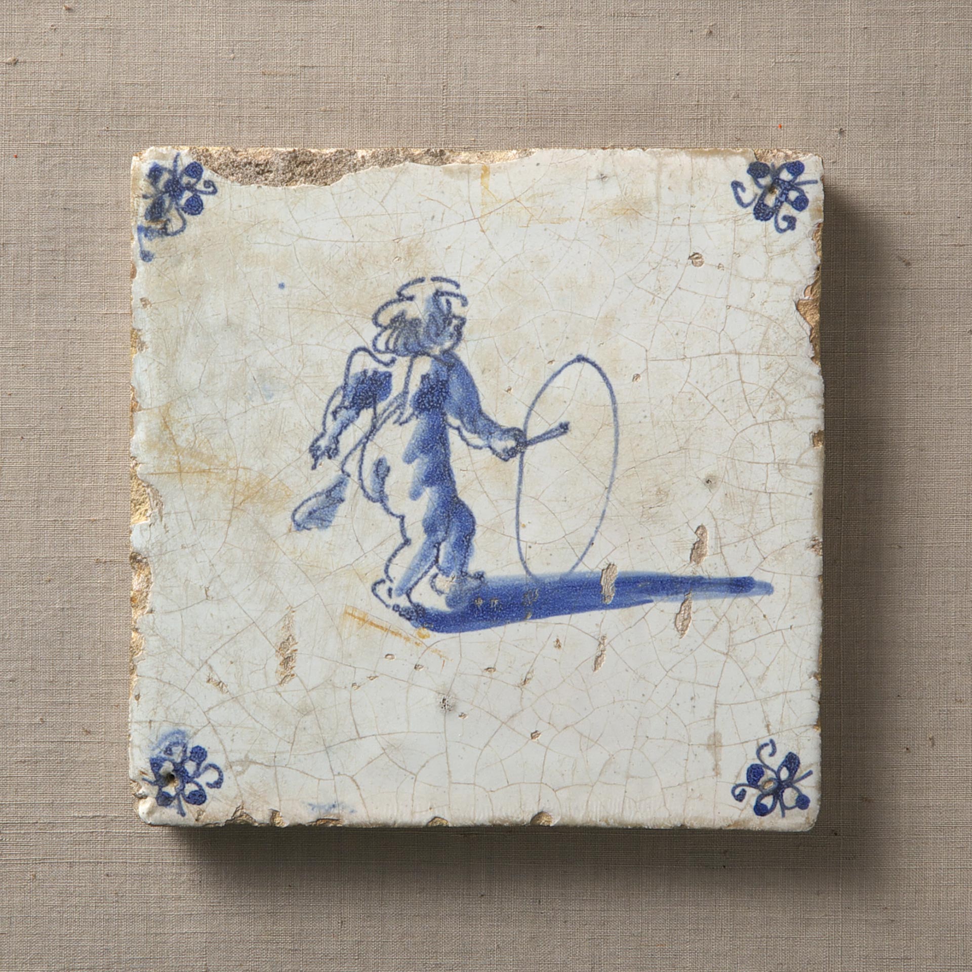 デルフトタイル 輪回しで遊ぶ子供たち 額縁付き 民藝 工藝 /J544