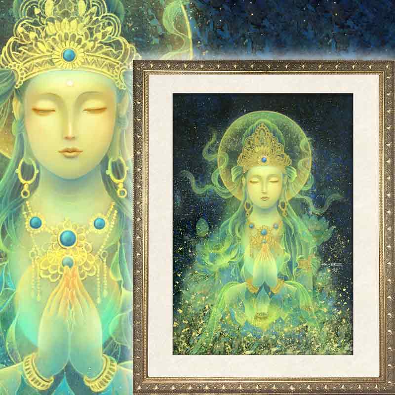 観音菩薩・青の合掌観音 (光稀） 開運絵 仏画 手彩色ジクレー版画