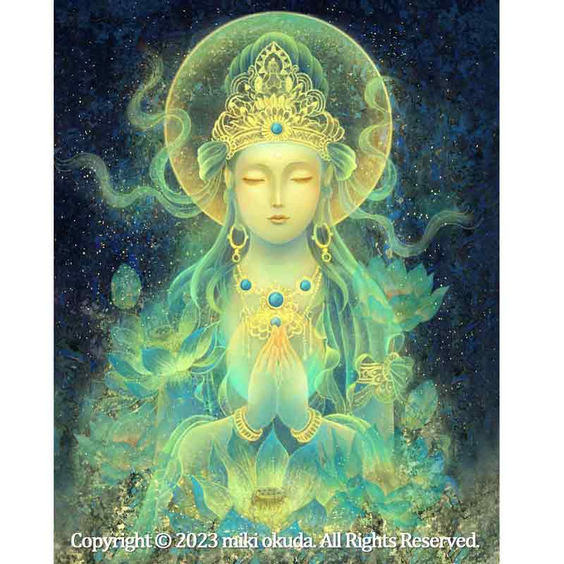 真作】絵画 日本画 静寂の中の微笑 柔らかな色彩の幻想的な仏画 W55 真