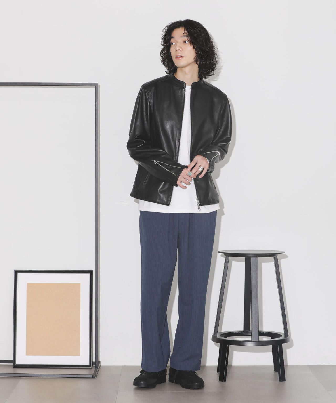 バンドカラーレザーシングルライダースジャケット | NANO universe