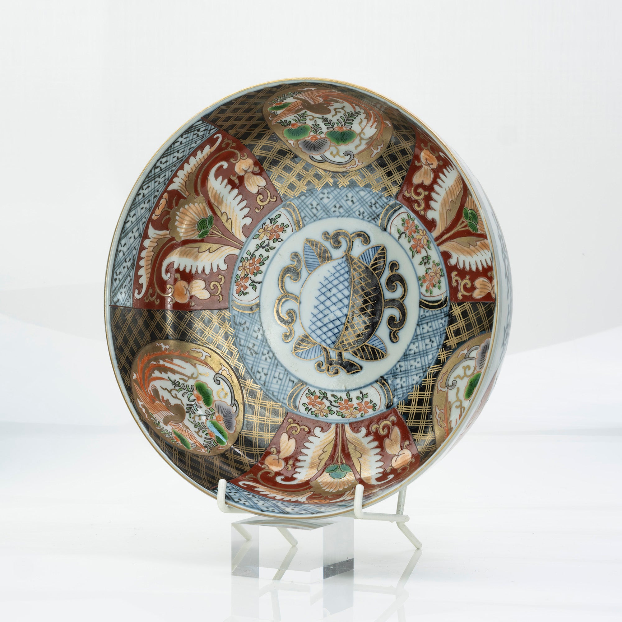 江戸中期 赤絵金彩 染錦 7寸中鉢 富貴長春 花窓 獅子図 江戸中期 赤絵