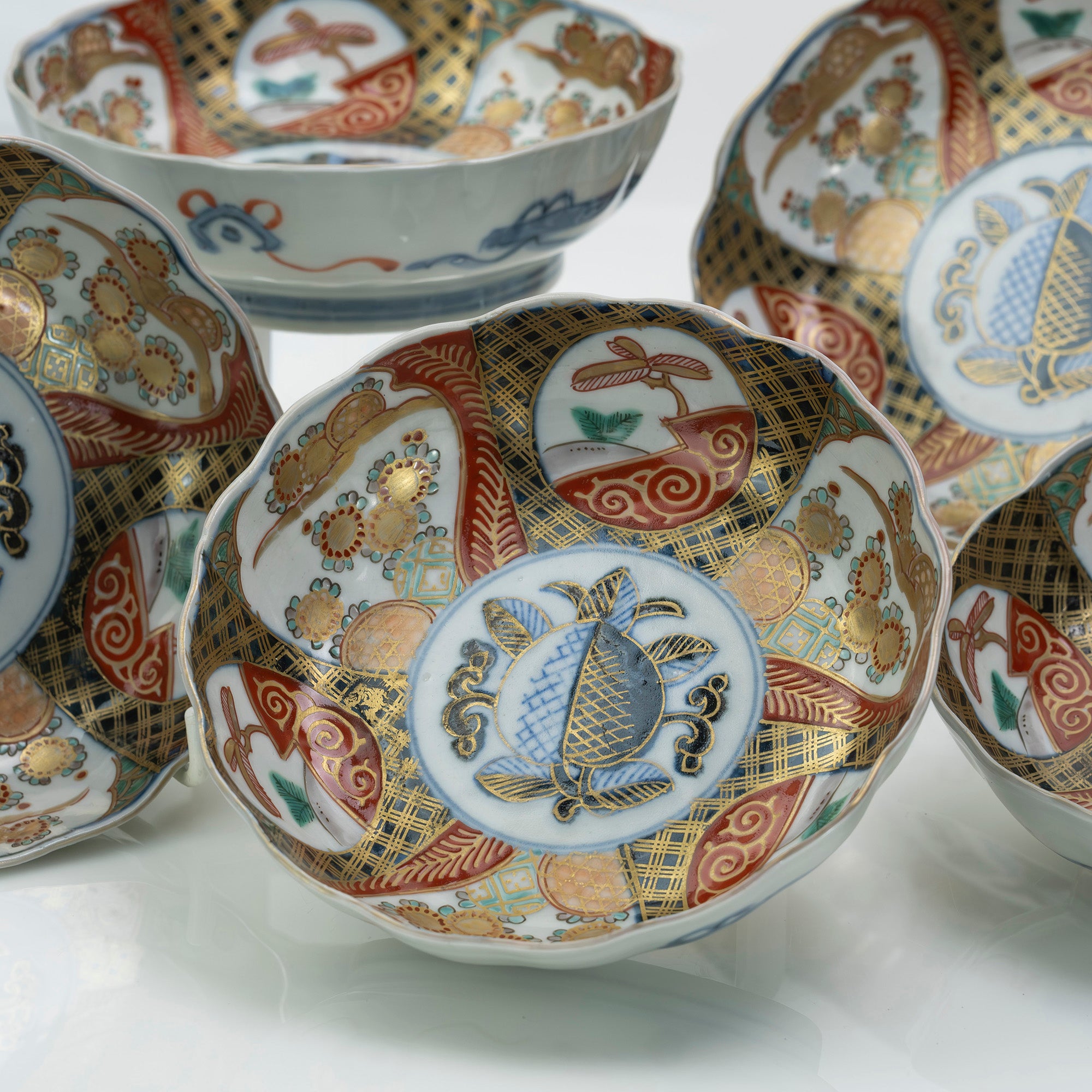 なます皿 4枚 染付 金彩 船 月 川 山水 風景絵図 古伊万里 窯傷 【公式