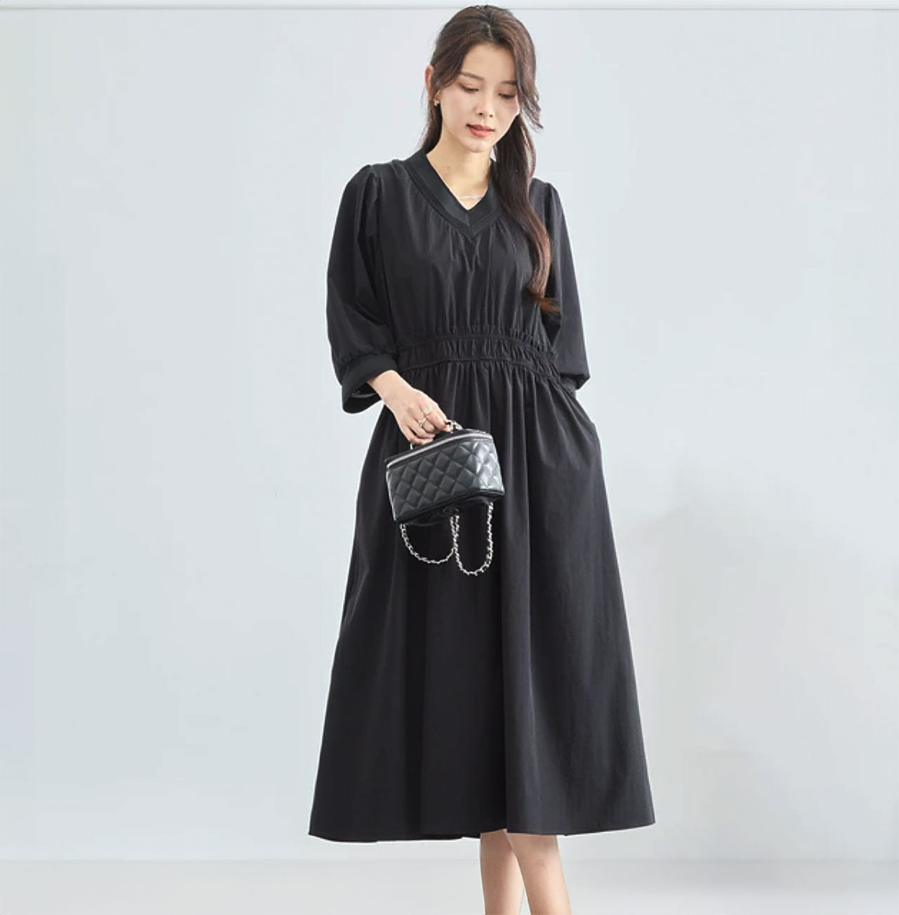ワンピース 夏 きれいめ ウエスト切替 Vネック 七分袖 ミモレ ギャザー