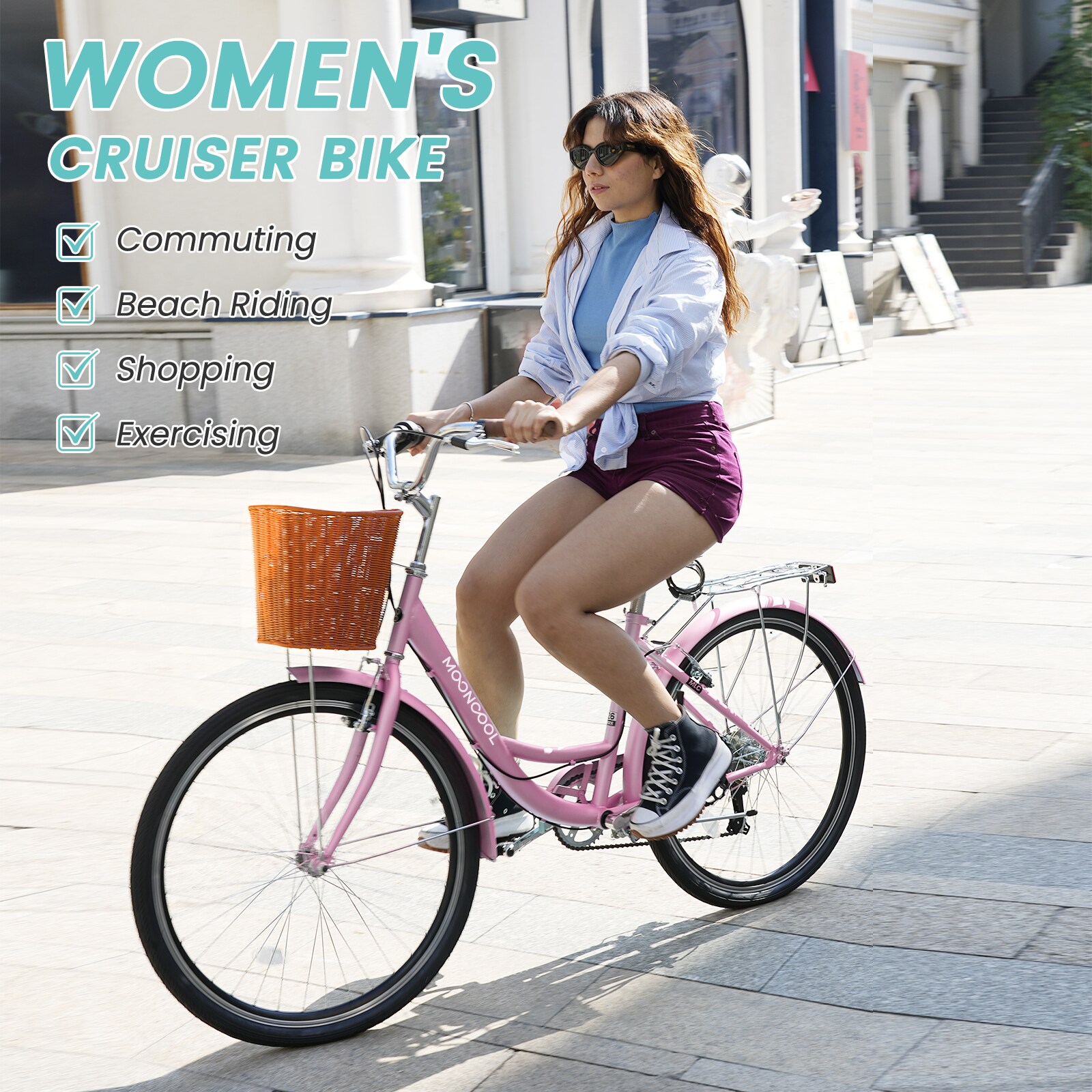 MOONCOOL 26 inch 7 Speed Beach Cruiser Bikes with Front Basket