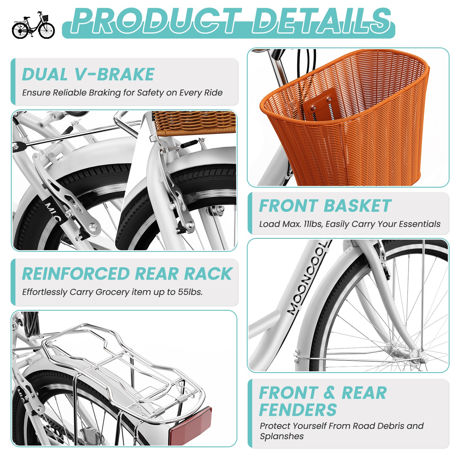 MOONCOOL 26 inch 7 Speed Beach Cruiser Bikes with Front Basket