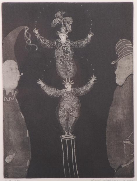 銅版画で下村宏が制作したモノクロの銅版画「サーカス・125」